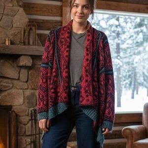 Blue Rain $68 Sm/Medium Red Blue Aztec Pattern Open Front‎ Draped Knit Cardigan